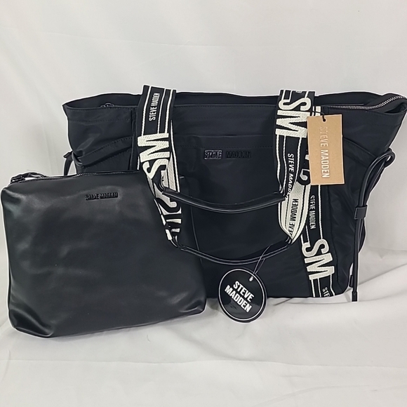 NWT Steve Madden Black BBRODY Tote Bag Purse with Black Wristlet Pouch 14X15X6 - Picture 1 of 11